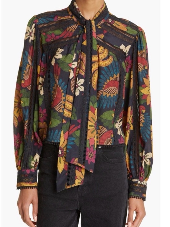 FARM Rio Tops - FARM Rio Navy Floral Tie-Neck Blouse with Multi-Color Print